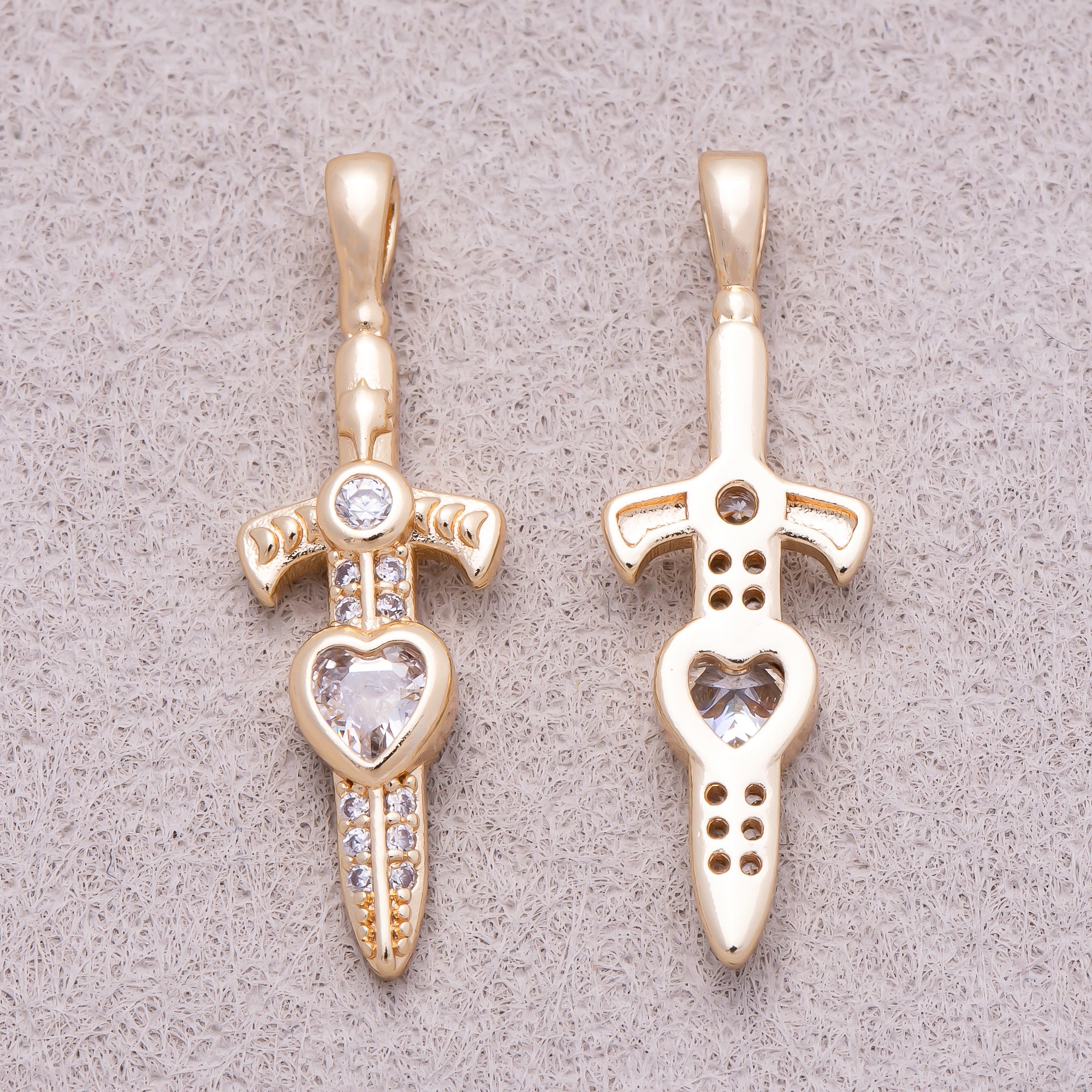 16K Gold Plated Heart CZ Religious Cross Sword Pendant - Sold Each