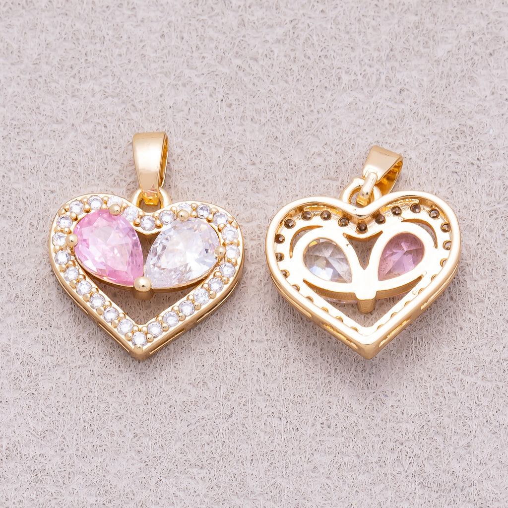 16K Gold Plated Pink Clear Teardrop CZ Round Beaded Love Heart Pendant - Sold Each