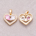 16K Gold Plated Pink Clear Teardrop CZ Round Beaded Love Heart Pendant - Sold Each