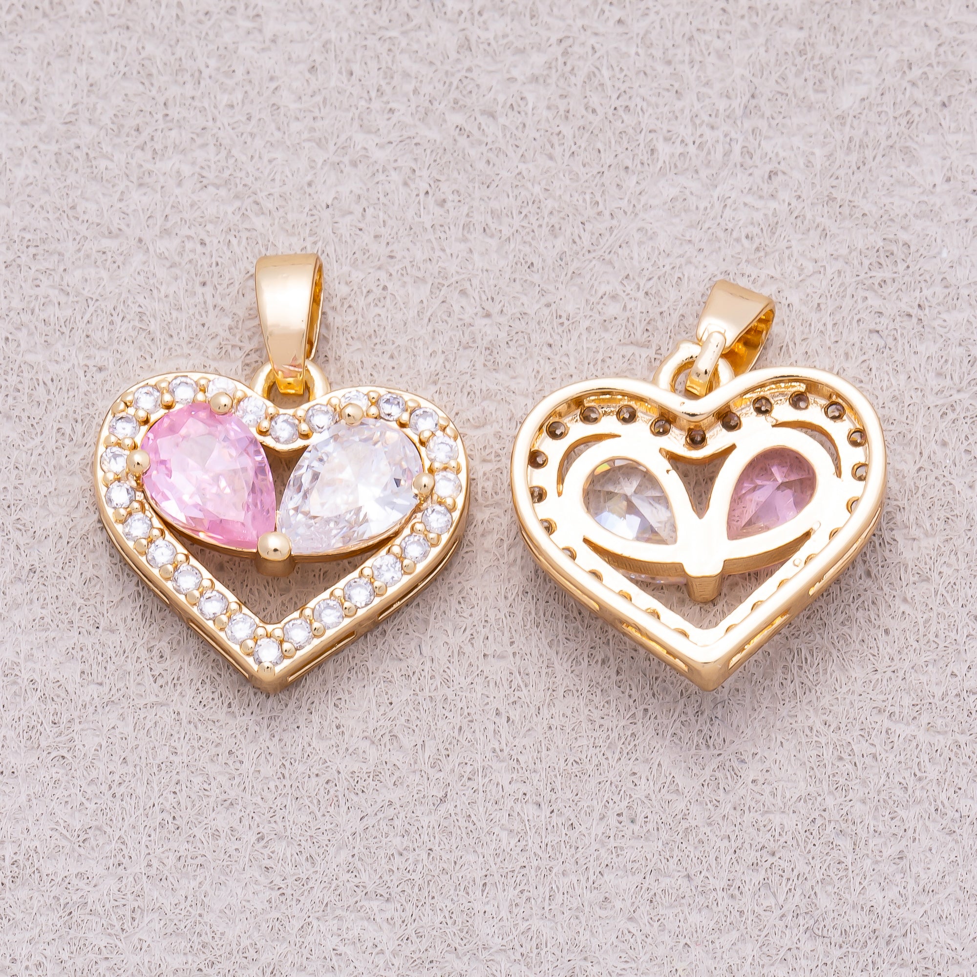 16K Gold Plated Pink Clear Teardrop CZ Round Beaded Love Heart Pendant - Sold Each