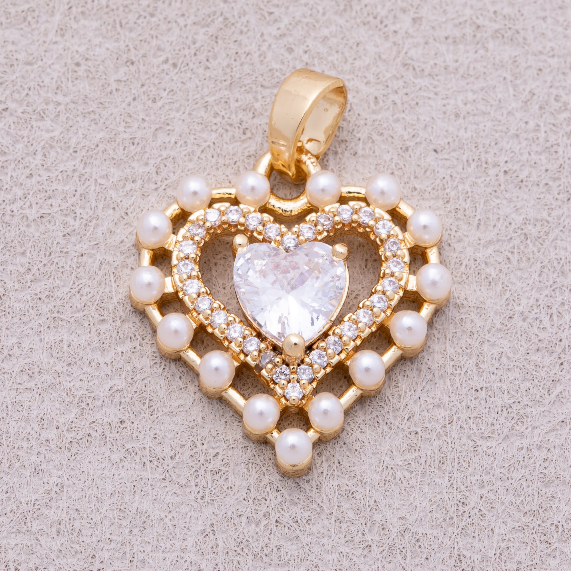 16K Gold Plated Shell Pearl CZ Double Layer Openwork Heart Pendant - Sold Each