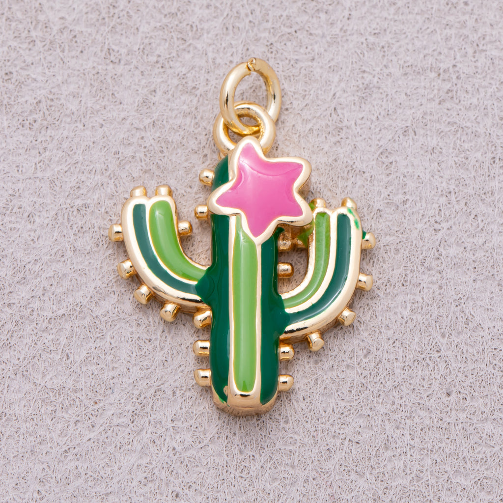16K Gold Plated Green Enamel Cactus Plant Charm - Sold Each