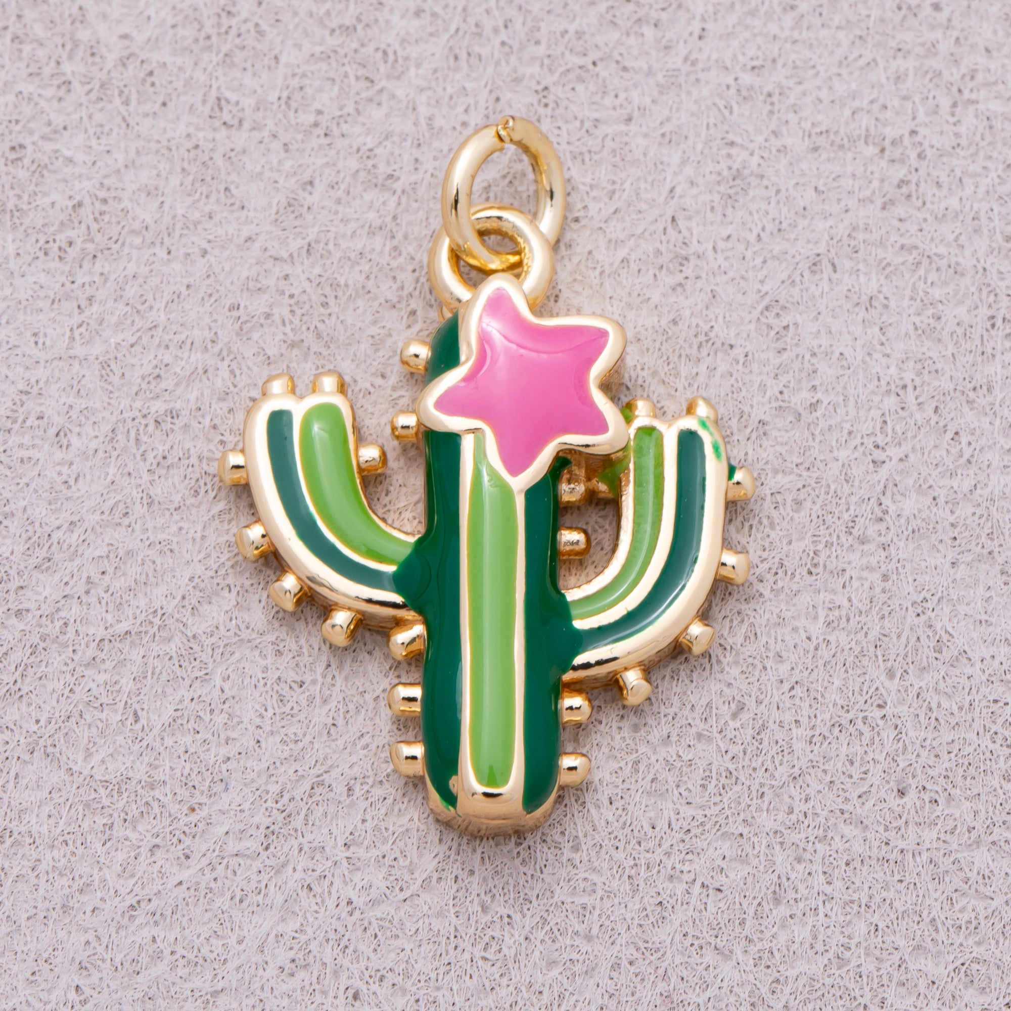 16K Gold Plated Green Enamel Cactus Plant Charm - Sold Each
