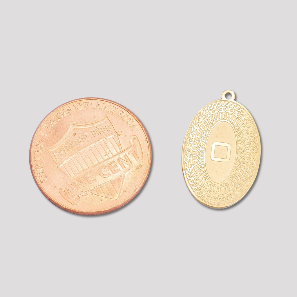 Launch Promo: 24K Gold PVD Stainless Steel Geometric Engraved Box Oval Charm in Gold & Silver | Sold Each