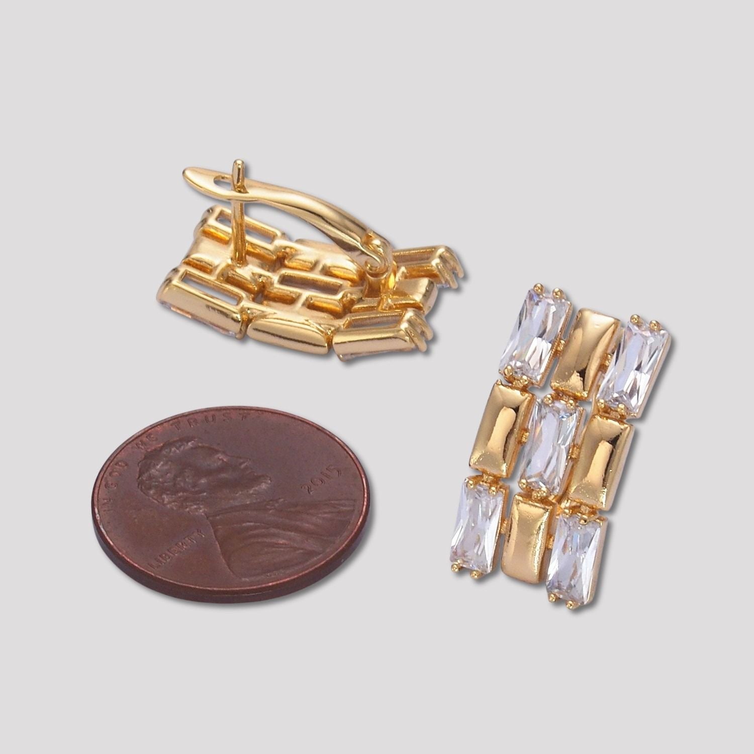14K Gold Plated Clear CZ Baguette Chess Stud Earrings