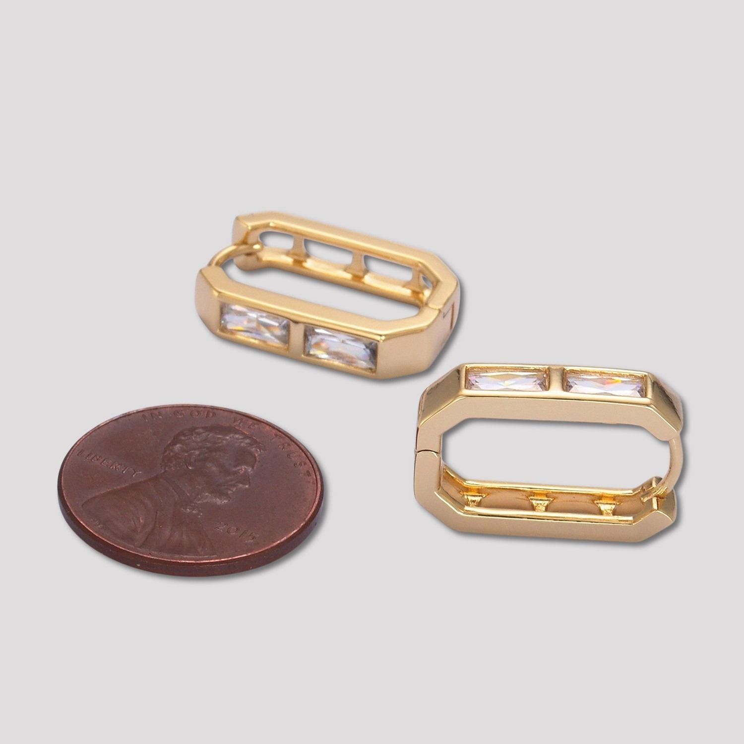 14K Gold Plated Baguette CZ Open Rectangular Huggie Hoop Earrings