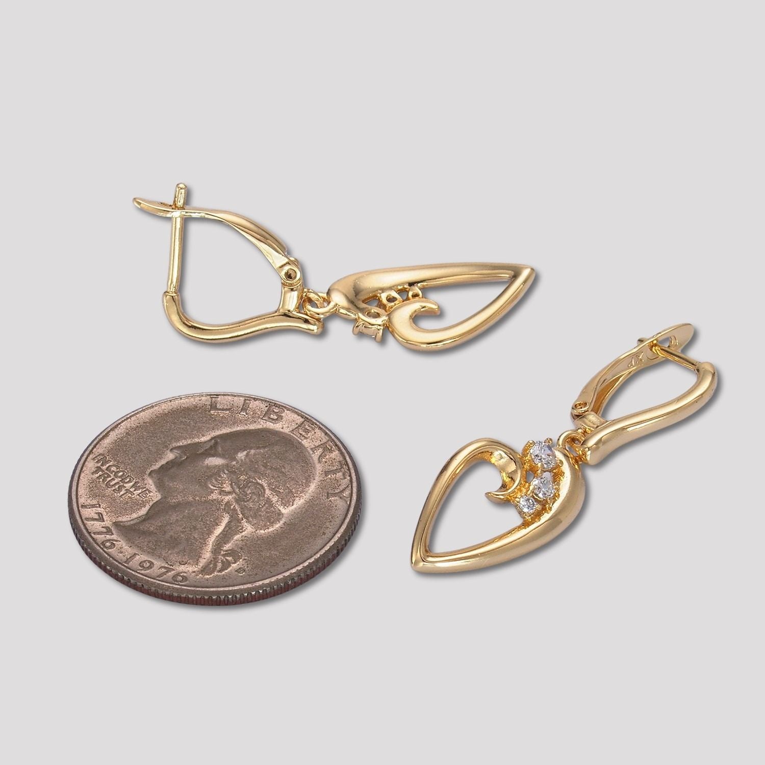 14K Gold Plated Clear CZ Open Heart Dangle Hoop Earrings