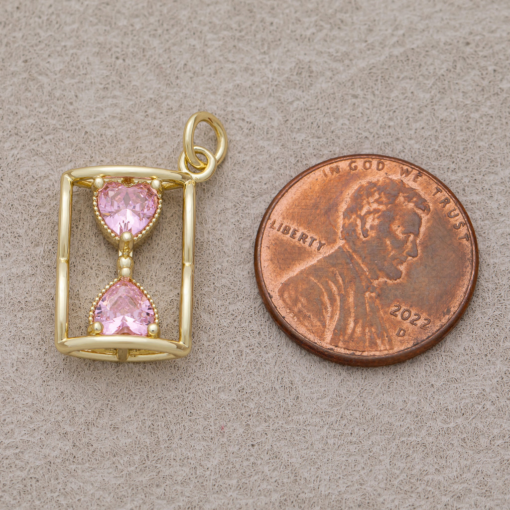 16K Gold Plated Pink CZ Ribbed Heart Hourglass Open Charm - Sold Each