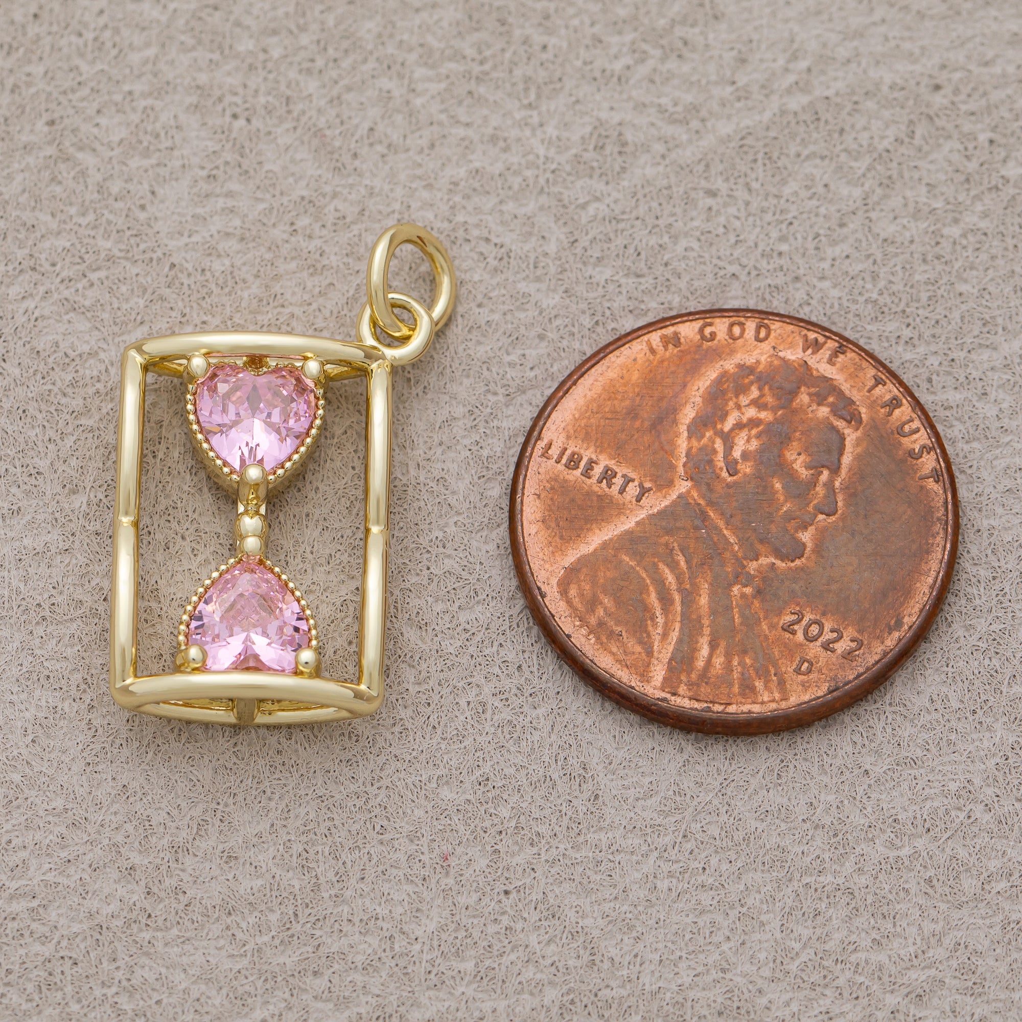 16K Gold Plated Pink CZ Ribbed Heart Hourglass Open Charm - Sold Each