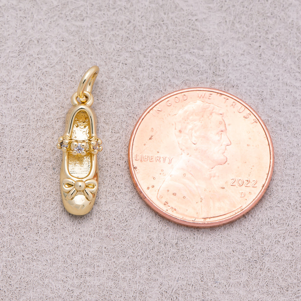 16K Gold Plated Micro Paved CZ Ballet Shoes Charm - Sold Each