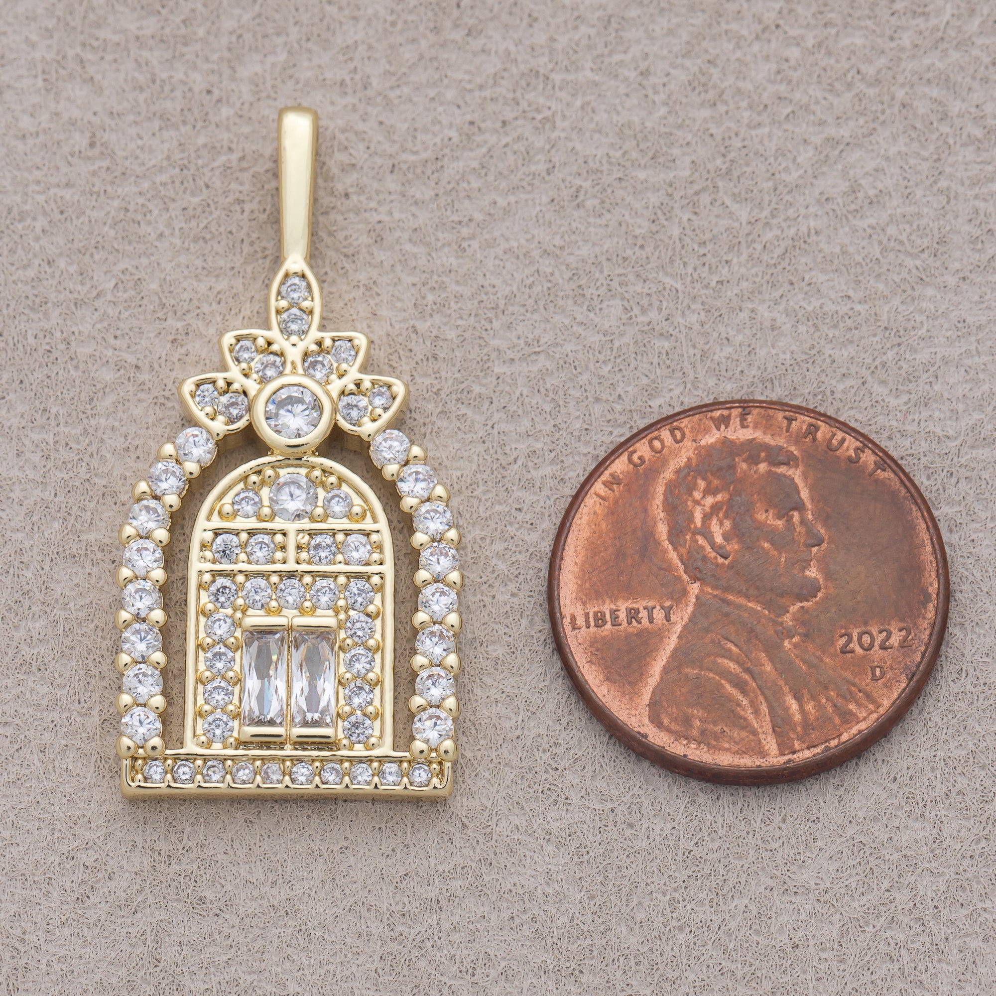 16K Gold Plated Clear Baguette Micro Paved CZ Flower Garden Gate Doorway Pendant - Sold Each