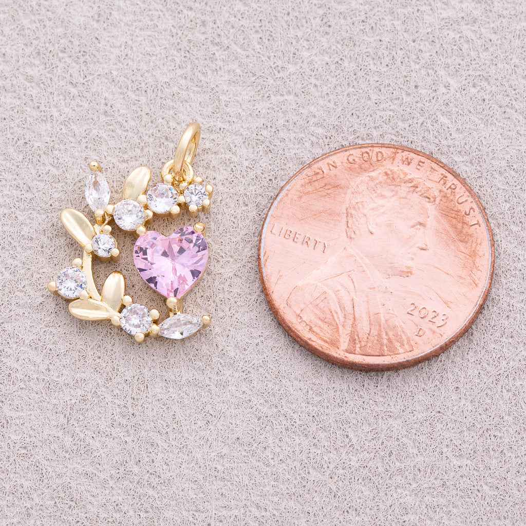 18K Gold Plated Pink Heart CZ Floral Wreath Flower Pendant - Sold Each