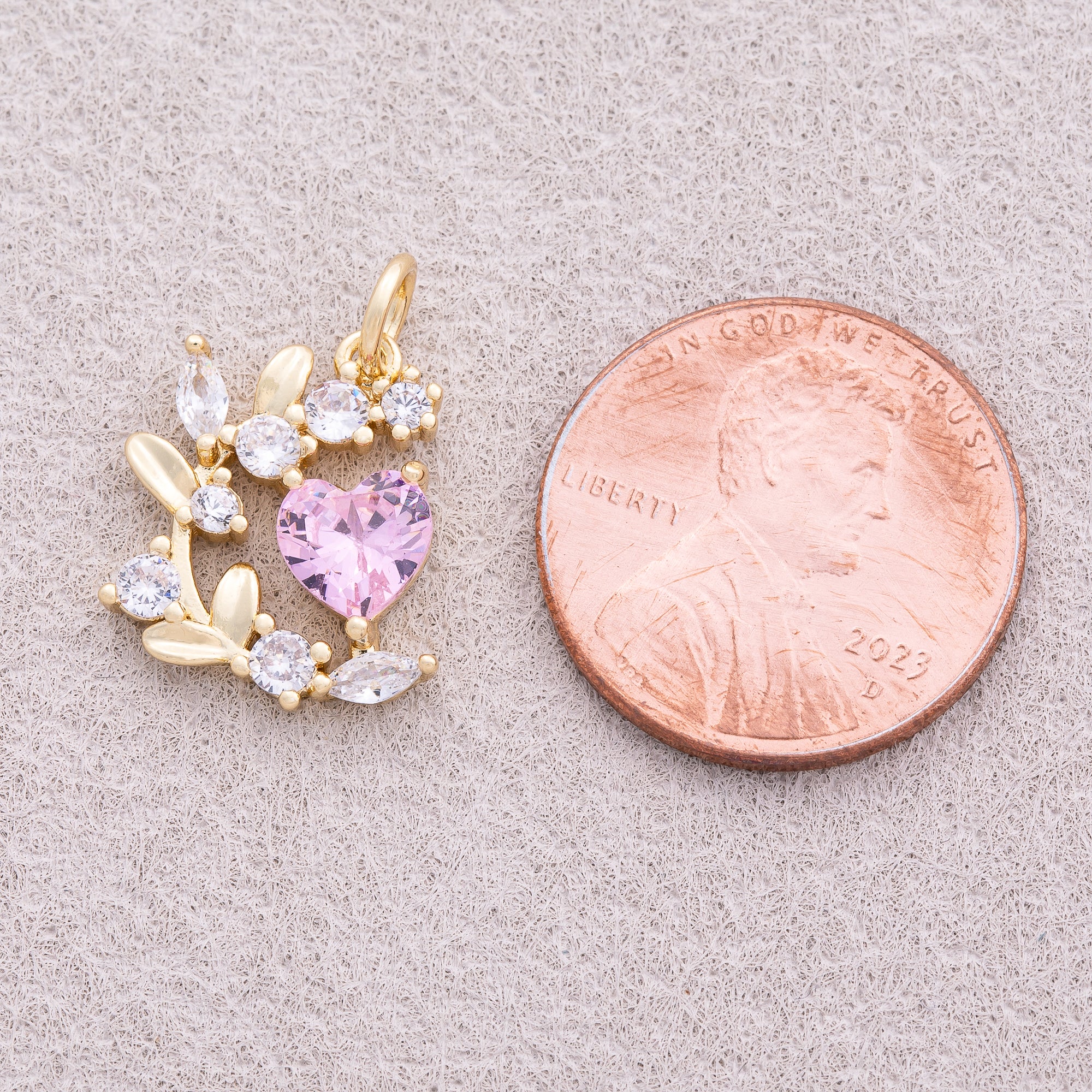 18K Gold Plated Pink Heart CZ Floral Wreath Flower Pendant - Sold Each