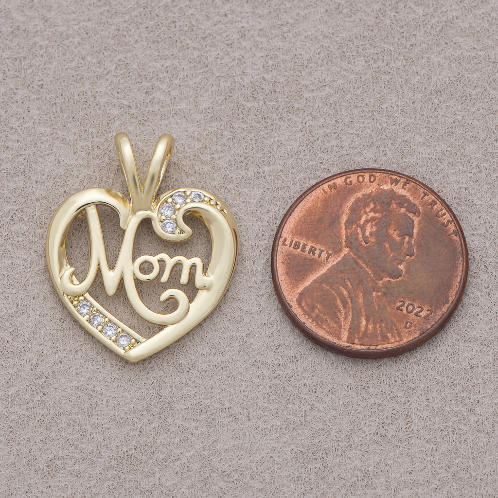 16K Gold Plated Pretty "MOM" Micro Paved CZ Heart Pendant - Sold Each