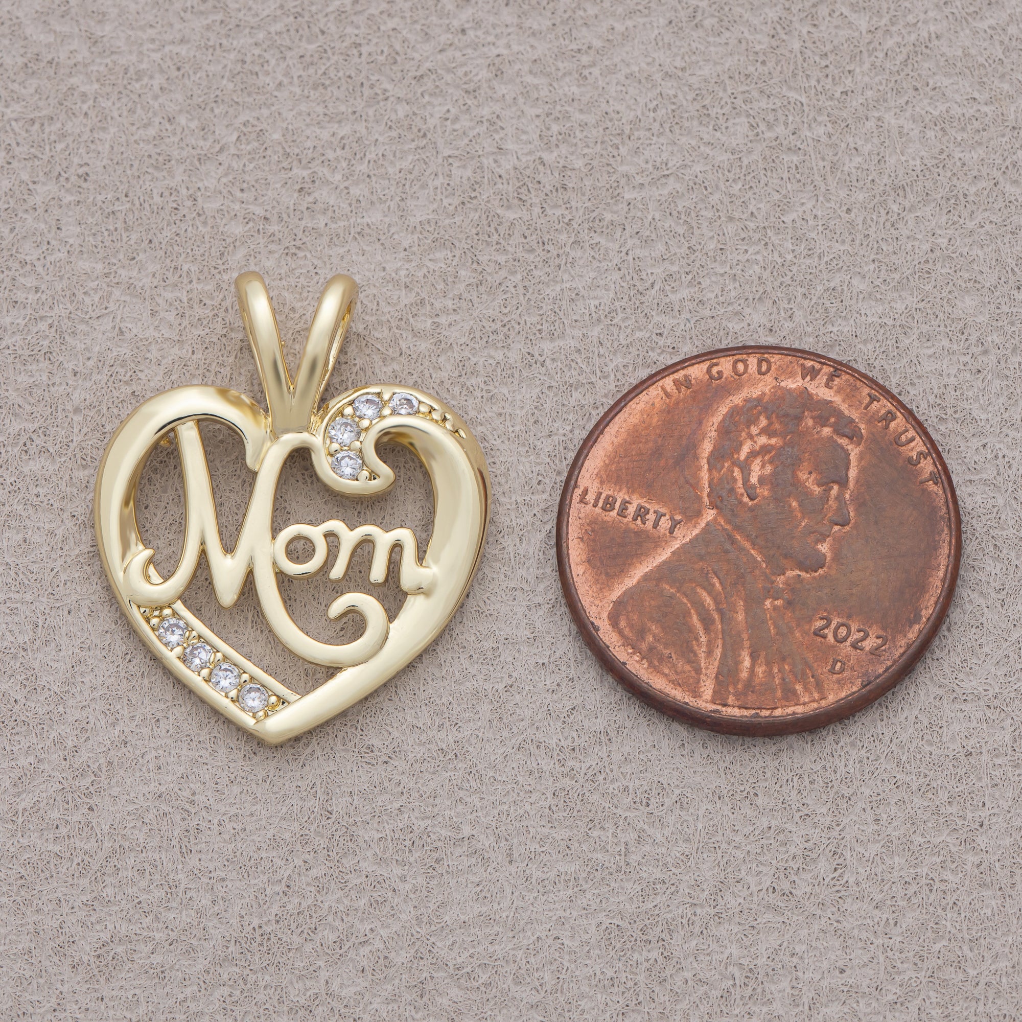 16K Gold Plated Pretty "MOM" Micro Paved CZ Heart Pendant - Sold Each