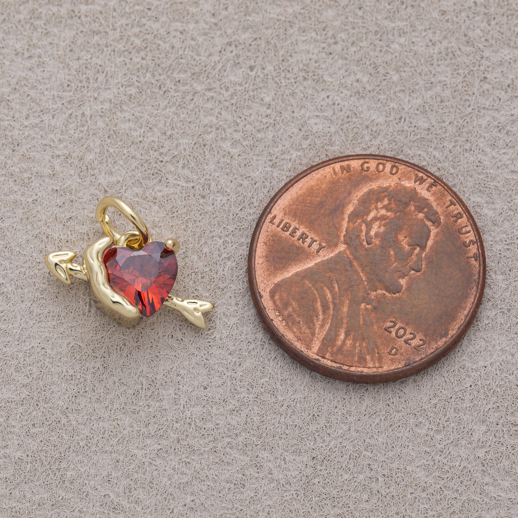 16K Gold Plated Red CZ Cupid Arrow Heart Mini Charm - Sold Each