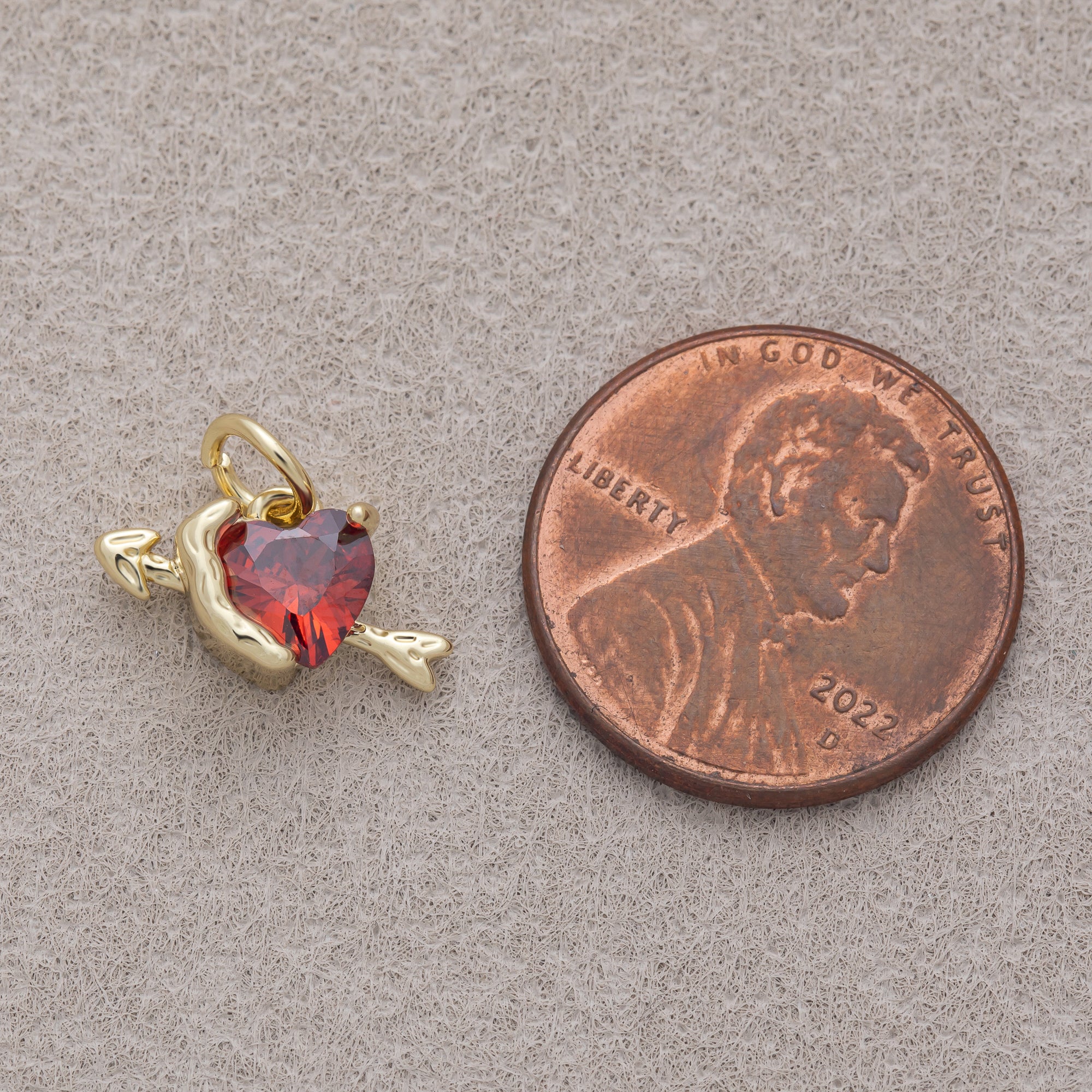 16K Gold Plated Red CZ Cupid Arrow Heart Mini Charm - Sold Each