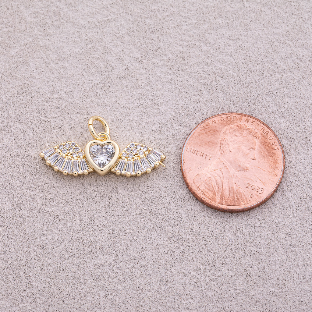 16K Gold Plated Clear Multi-cut CZ Angel Heart Wings Charm - Sold Each