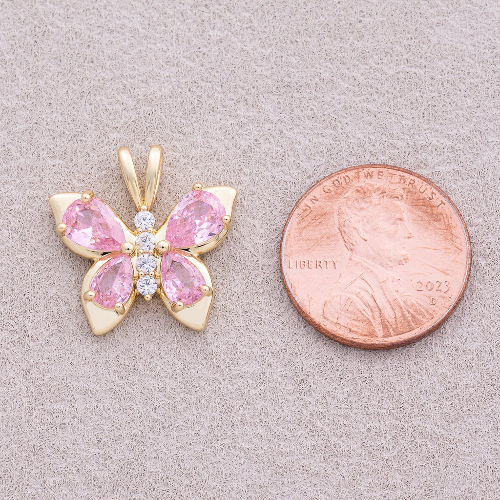 18K Gold Plated Pink Teardrop CZ Butterfly Mariposa Animal Pendant - Sold Each