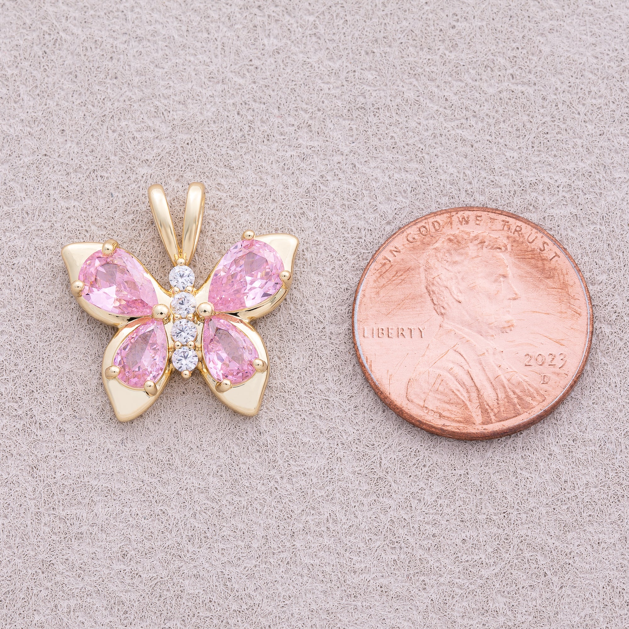 18K Gold Plated Pink Teardrop CZ Butterfly Mariposa Animal Pendant - Sold Each