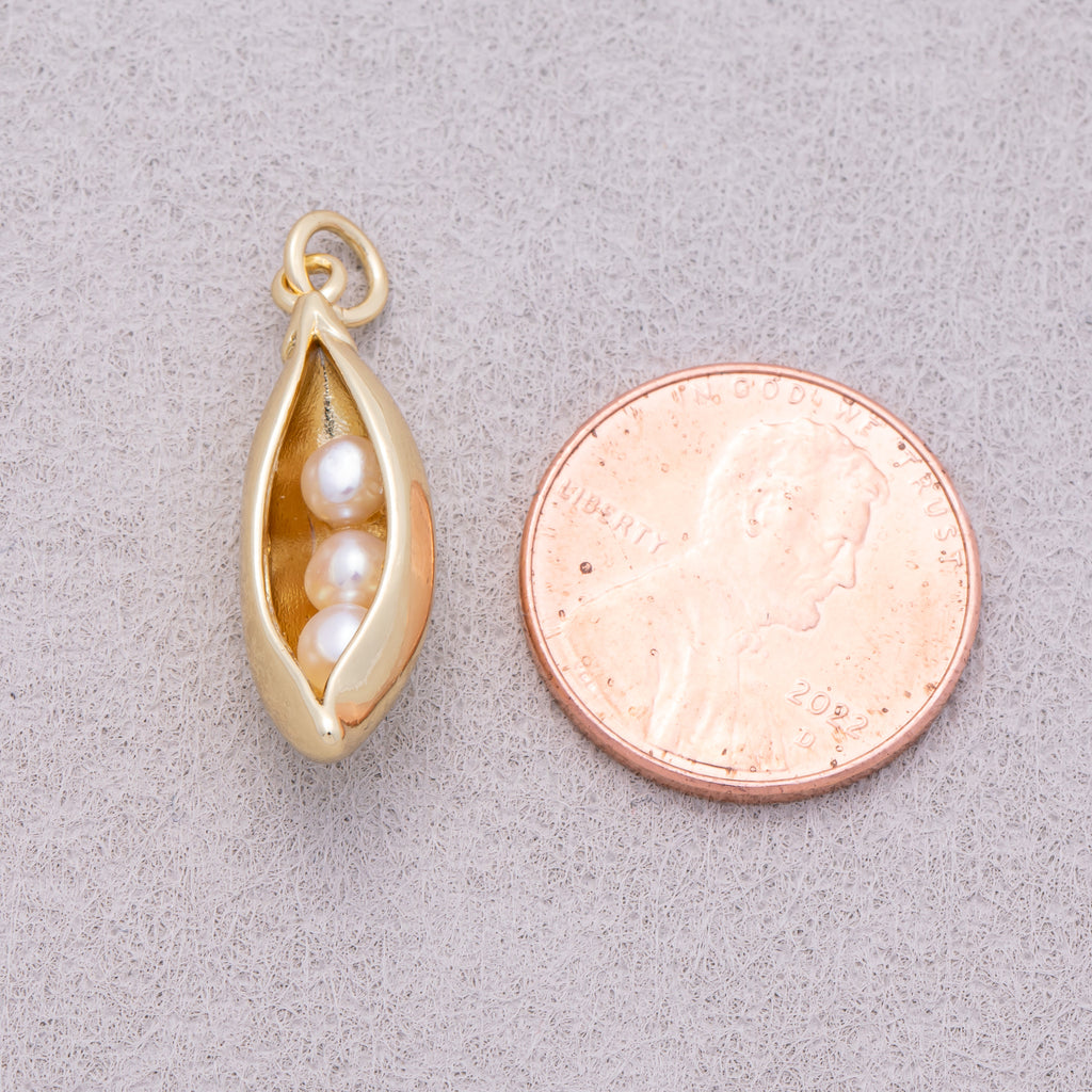 16K Gold Plated Triple Shell Pearl Pea Pod Vegetable Charm - Sold Each