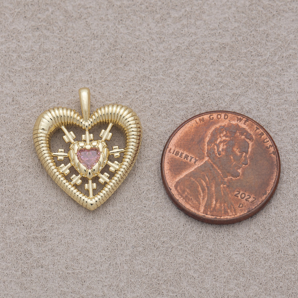 16K Gold Plated Pink CZ Ribbed Sunburst Open Heart Pendant - Sold Each