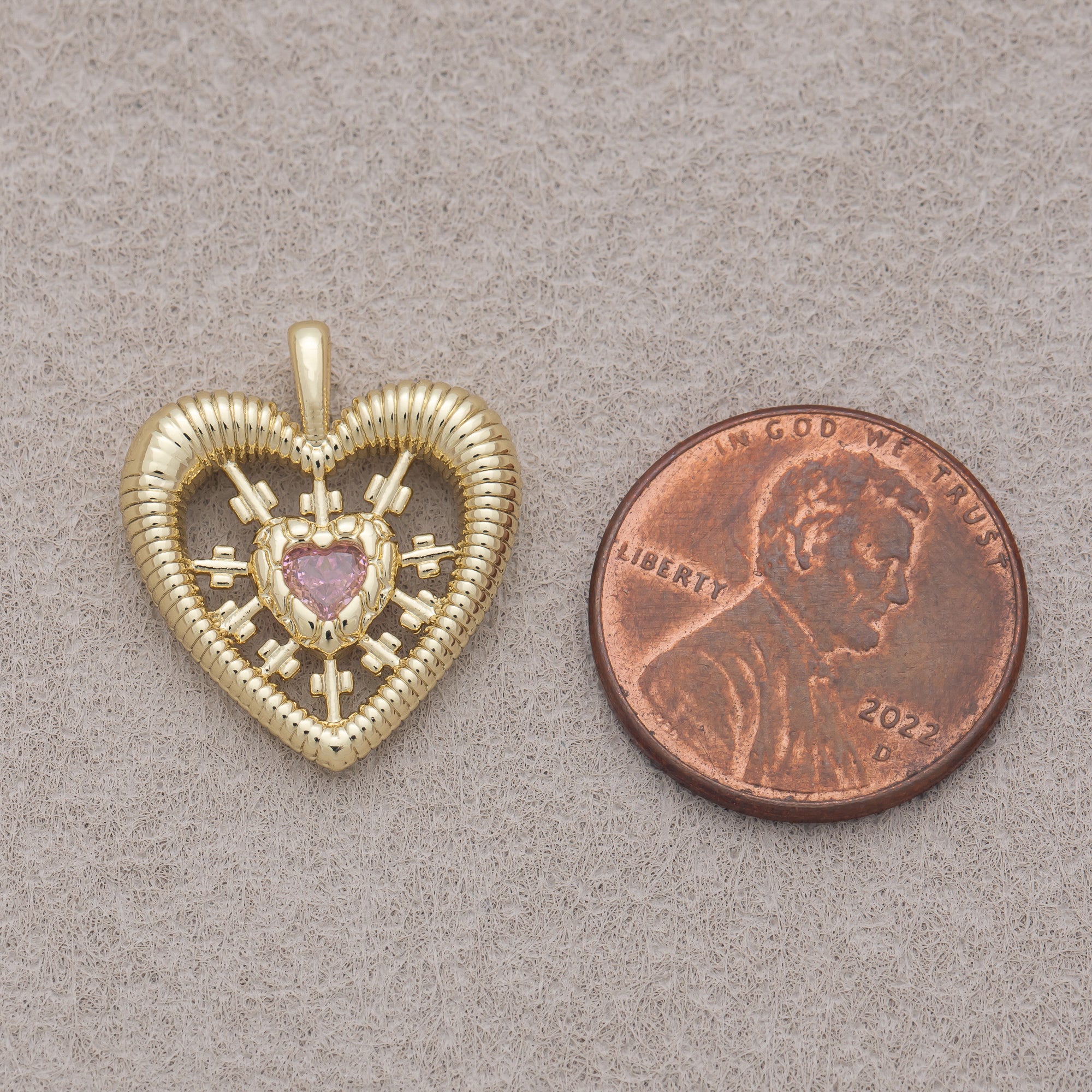 16K Gold Plated Pink CZ Ribbed Sunburst Open Heart Pendant - Sold Each