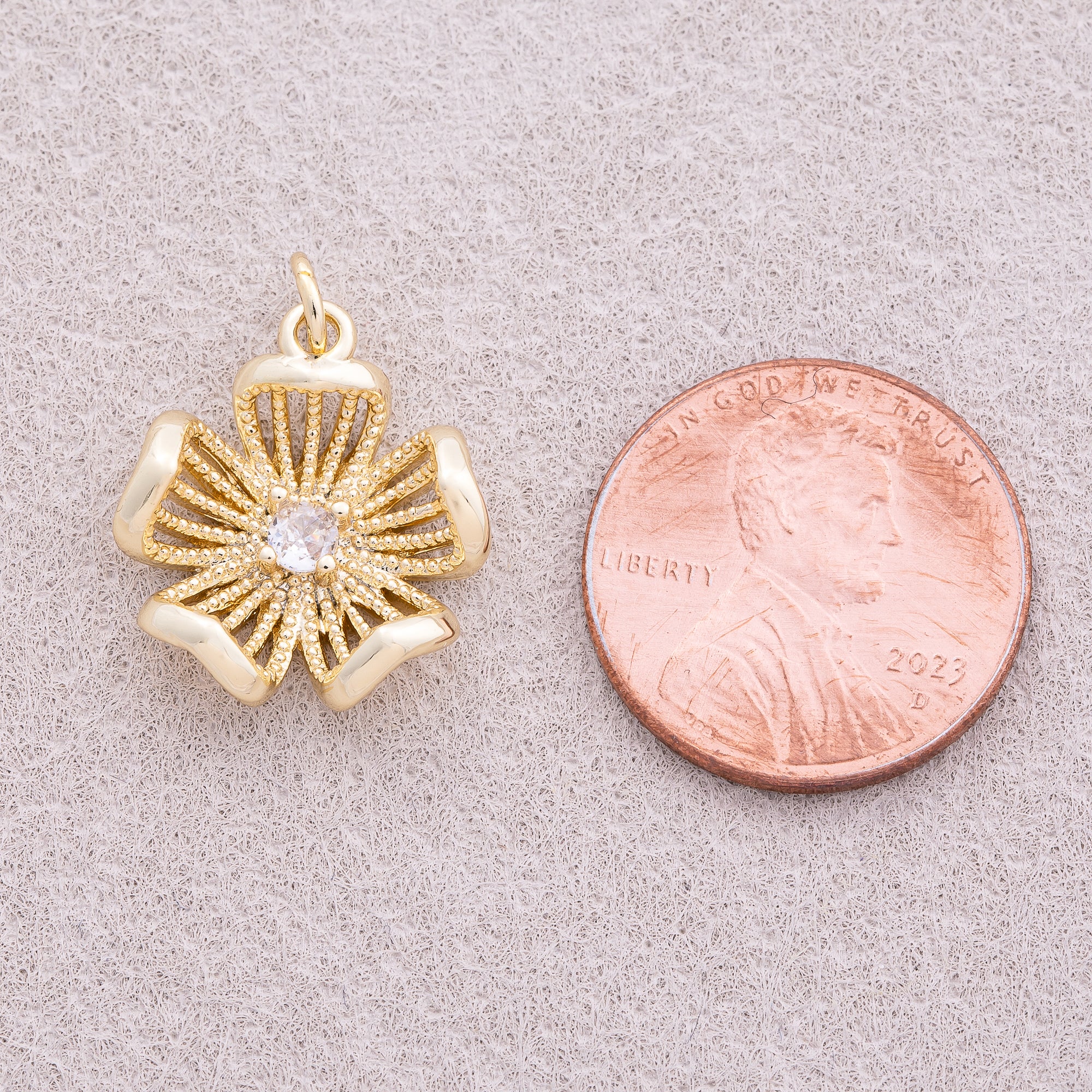 16K Gold Plated Solitaire CZ Filigree Blooming Flower Charm - Sold Each