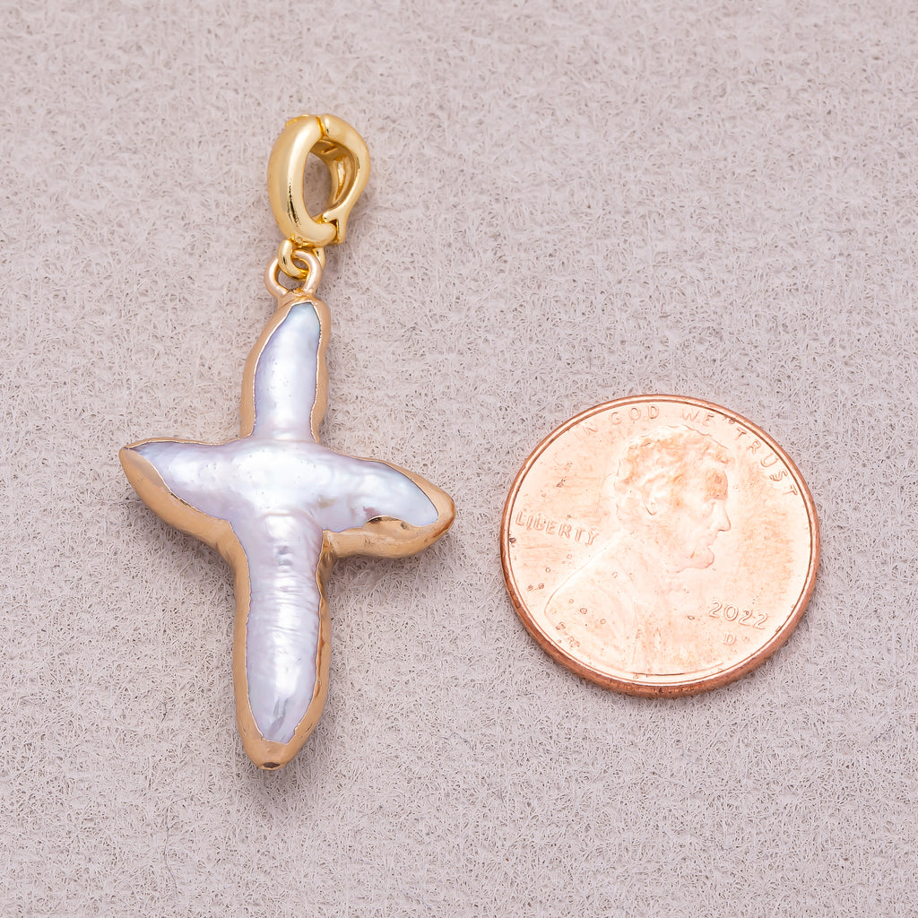 Gold Plated Freshwater Pearl Irregular Religious Cross Pendant - Sold Each