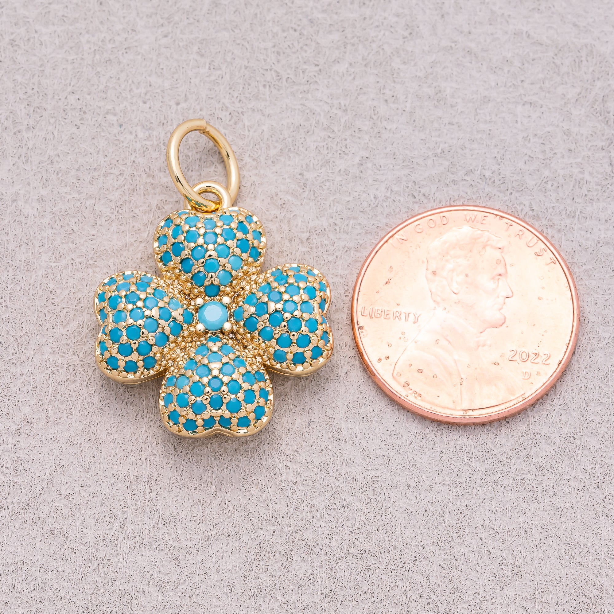 16K Gold Plated Turquoise and Clear Micro Paved CZ Leaf Clover Lucky Charm - Sold Each