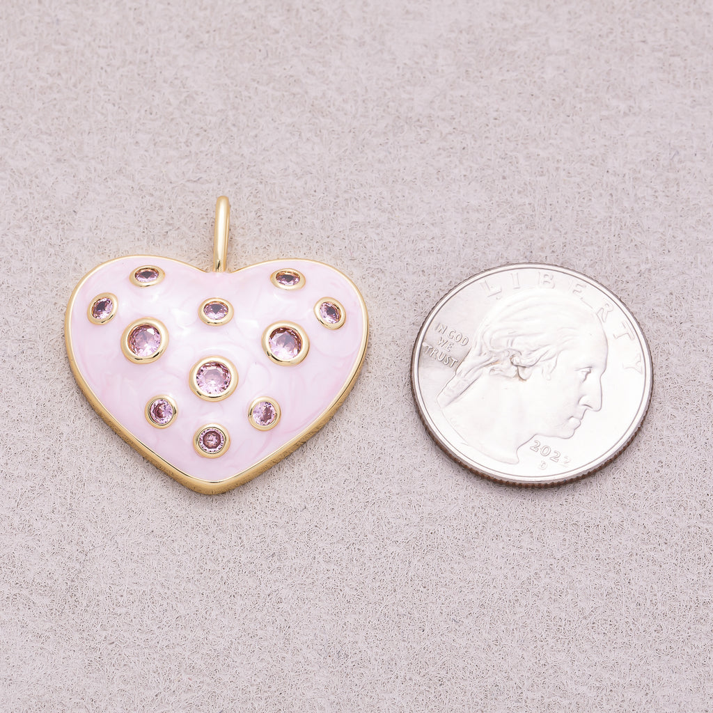 16K Gold Plated Pink CZ Mother of Pearl Chubby Love Heart Pendant - Sold Each