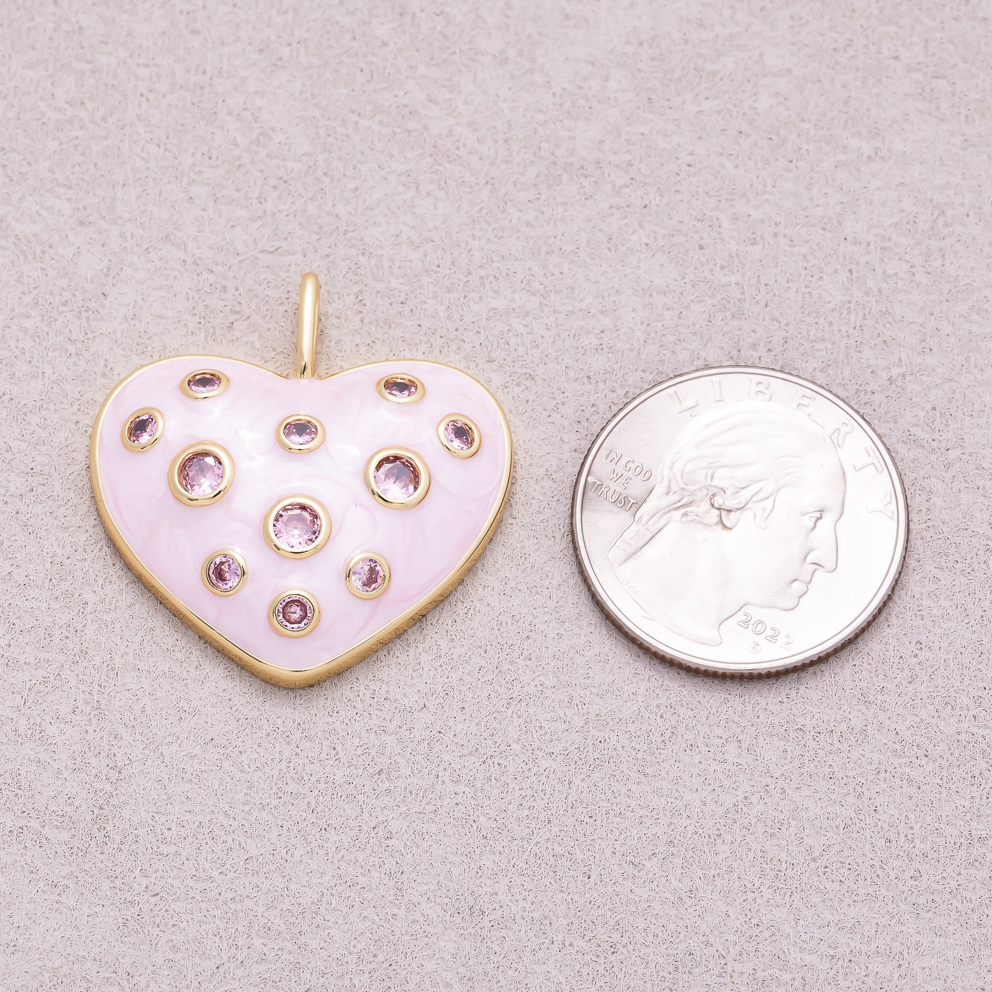 16K Gold Plated Pink CZ Mother of Pearl Chubby Love Heart Pendant - Sold Each