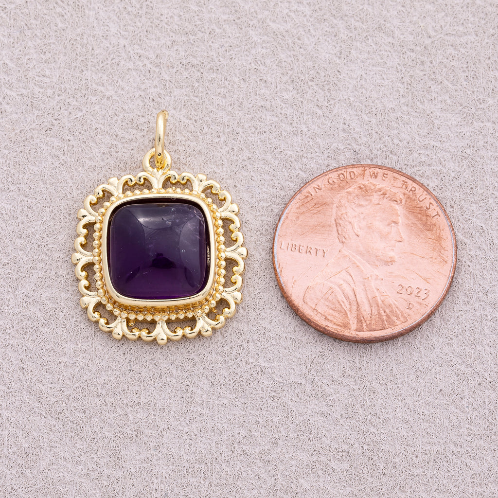 16K Gold Plated Colorful Natural Gemstone Lace Square Charm - Sold Each
