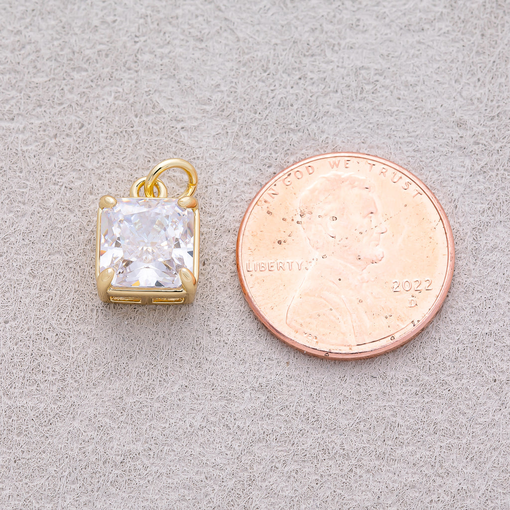 16K Gold Plated Clear CZ Square Charm - Sold Each