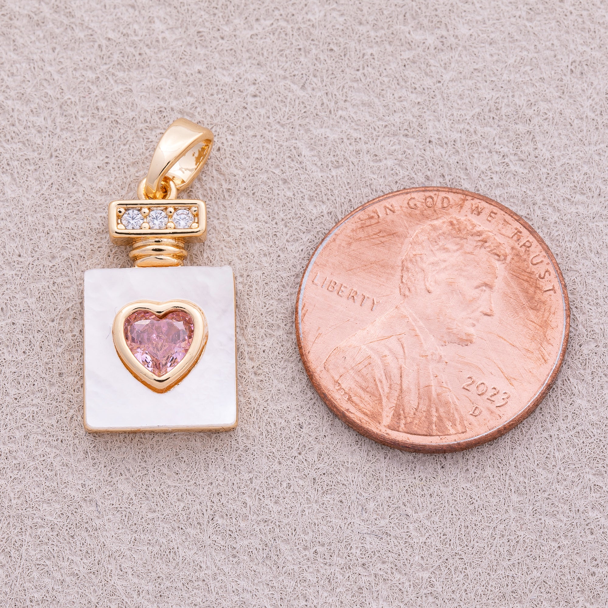 16K Gold Plated Pink Heart CZ Perfume Bottle Charm - Sold Each