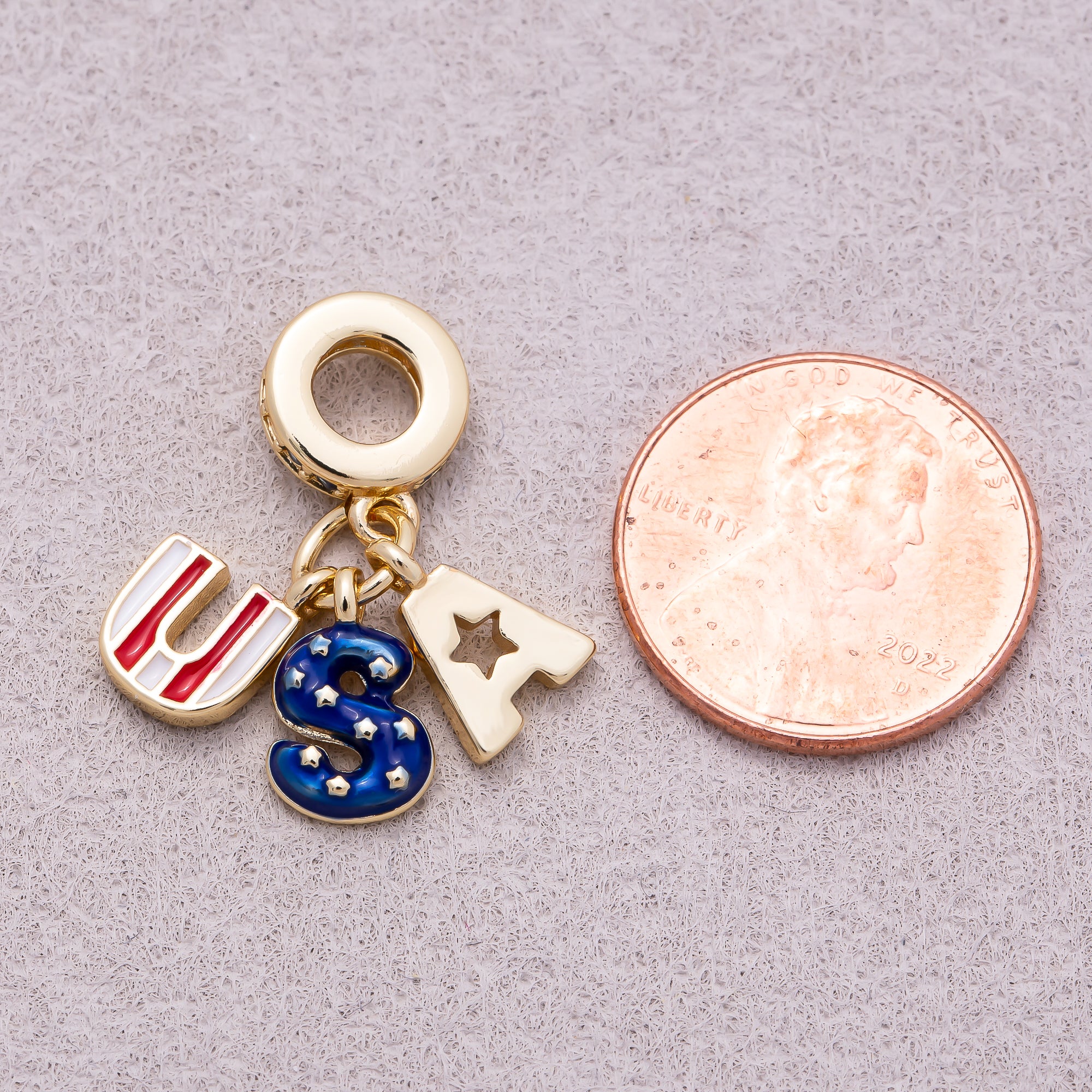 16K Gold Plated Clear CZ Letter USA Flag Enamel Pendant - Sold Each
