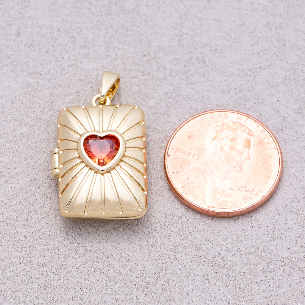 16K Gold Plated Red Heart CZ Sunrays Rectangular Open Locket Pendant - Sold Each