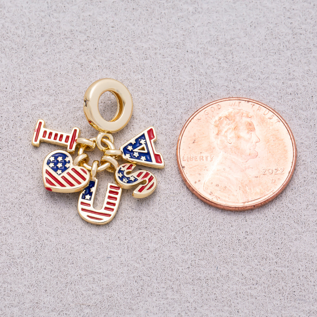 16K Gold Plated Travel Themed Patriotic American Flag Heart Slider Pendant - Sold Each