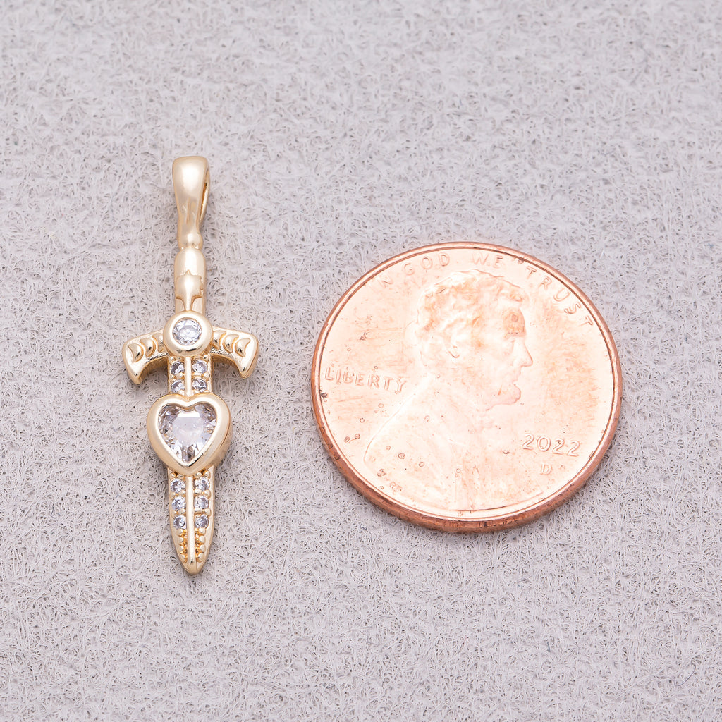 16K Gold Plated Heart CZ Religious Cross Sword Pendant - Sold Each