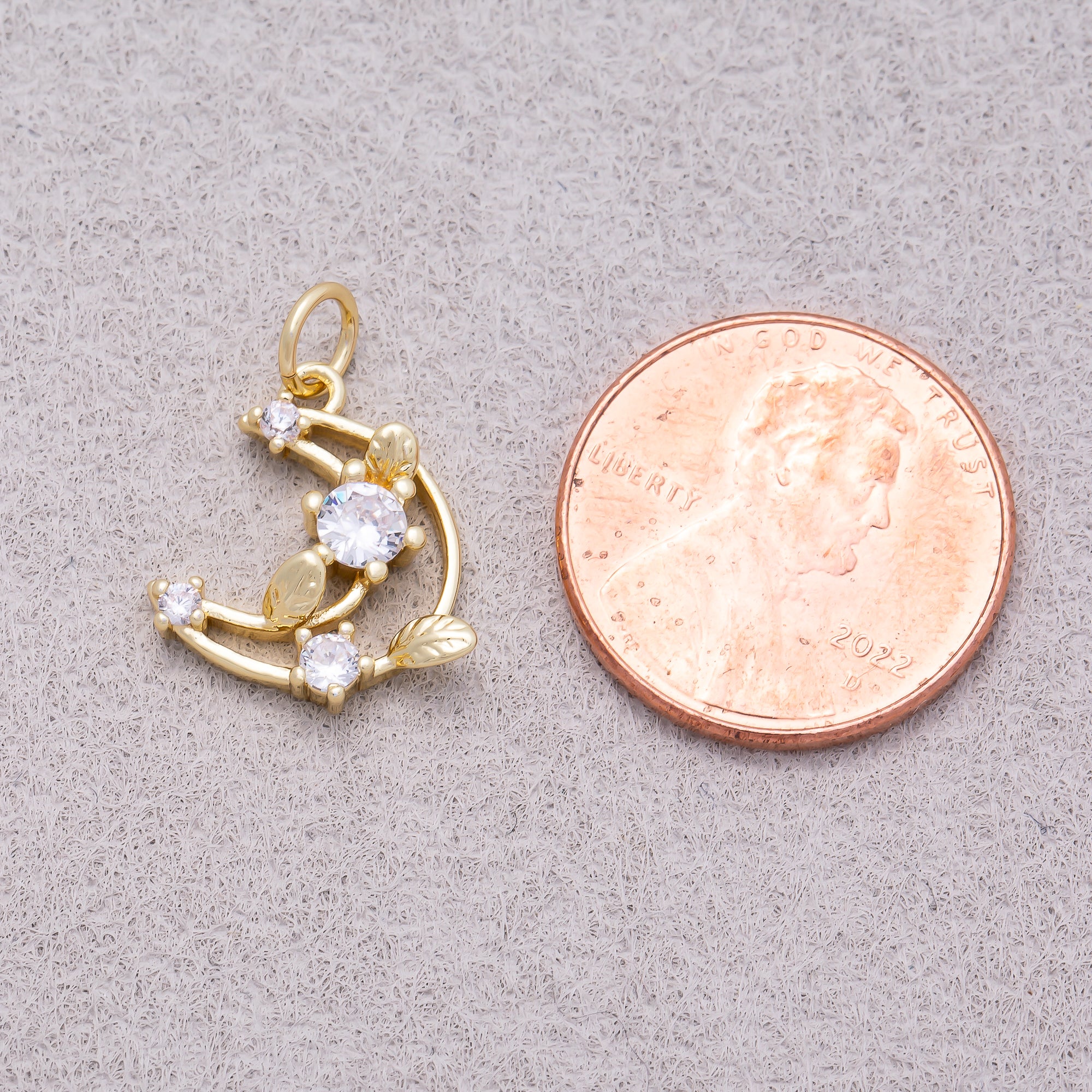 16K Gold Plated Clear CZ Celestial Open Crescent Moon Charm - Sold Each