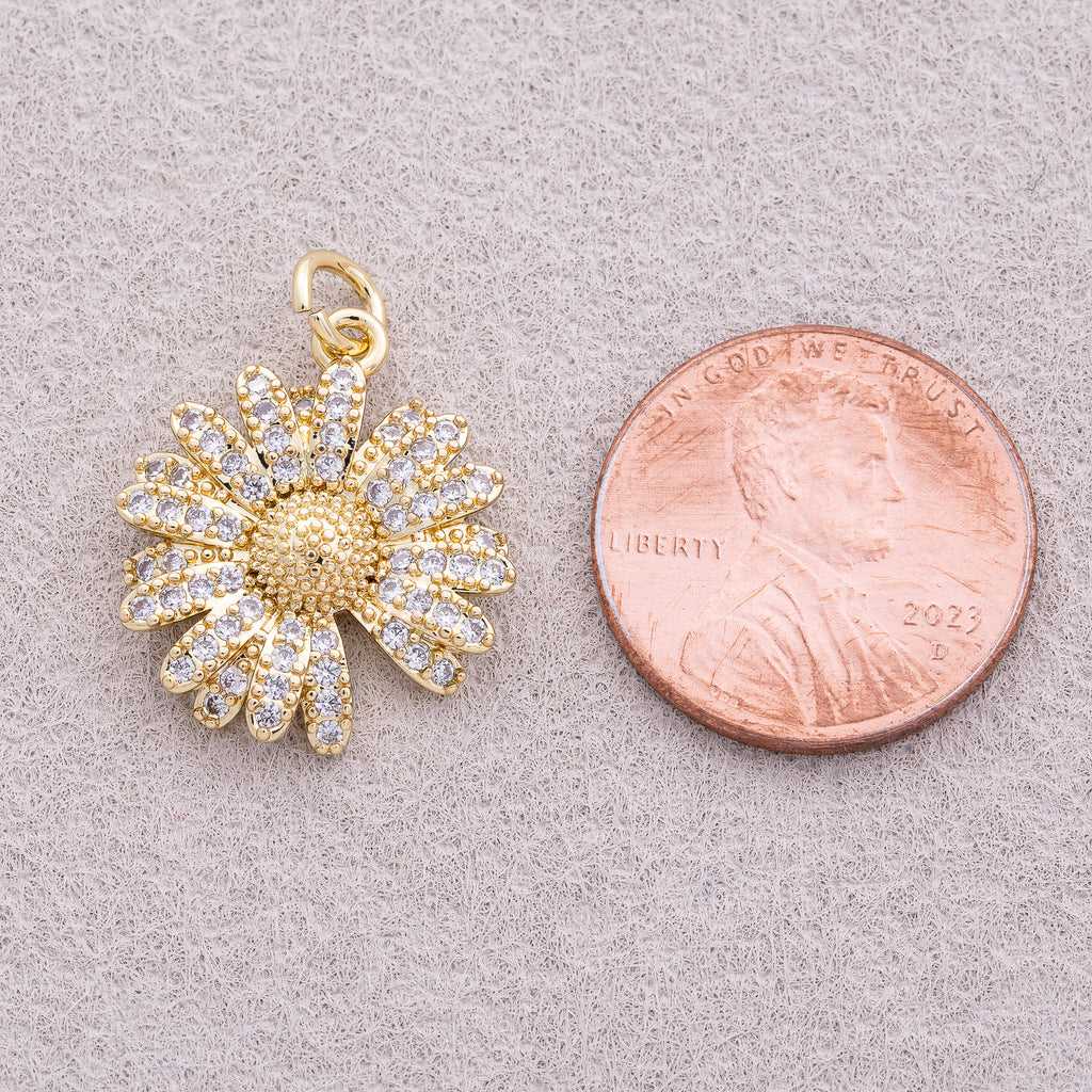 16K Gold Plated Micro Paved CZ Daisy Flower Charm - Sold Each
