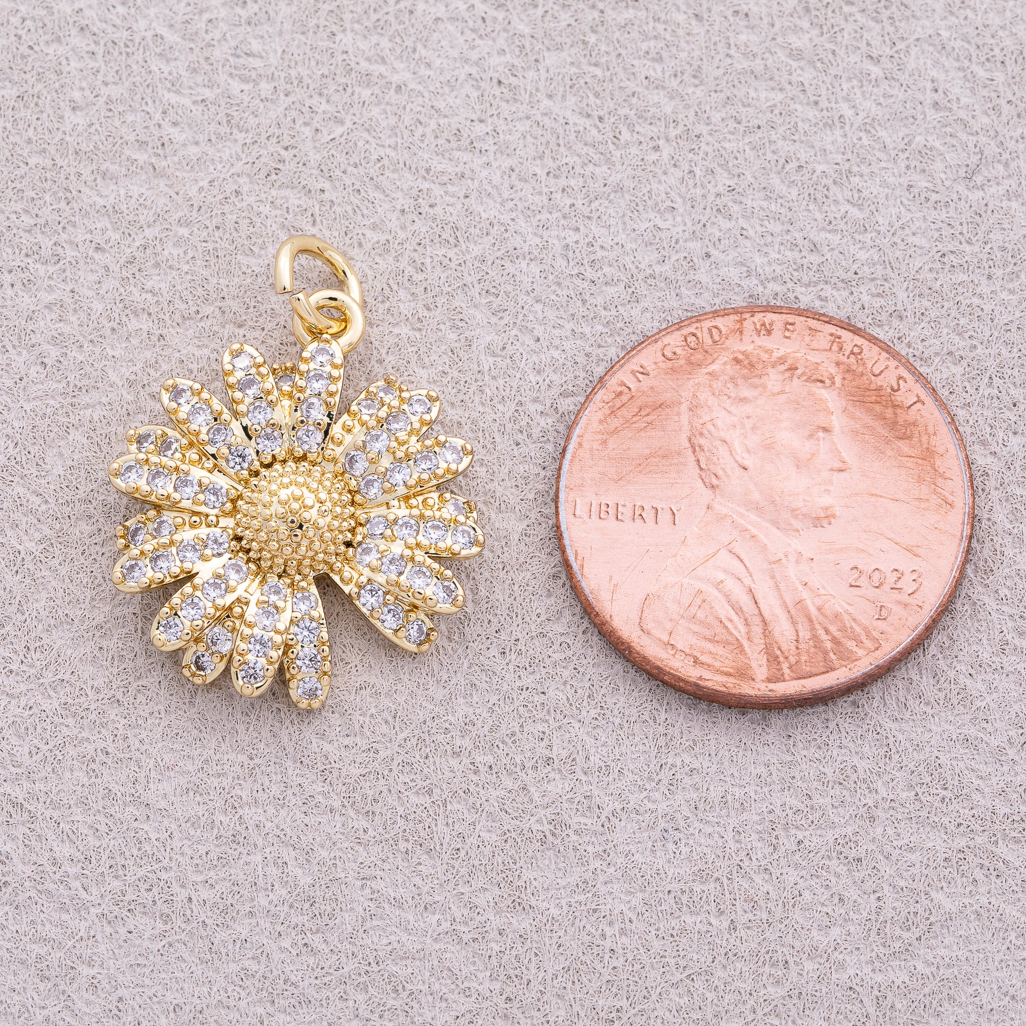 16K Gold Plated Micro Paved CZ Daisy Flower Charm - Sold Each