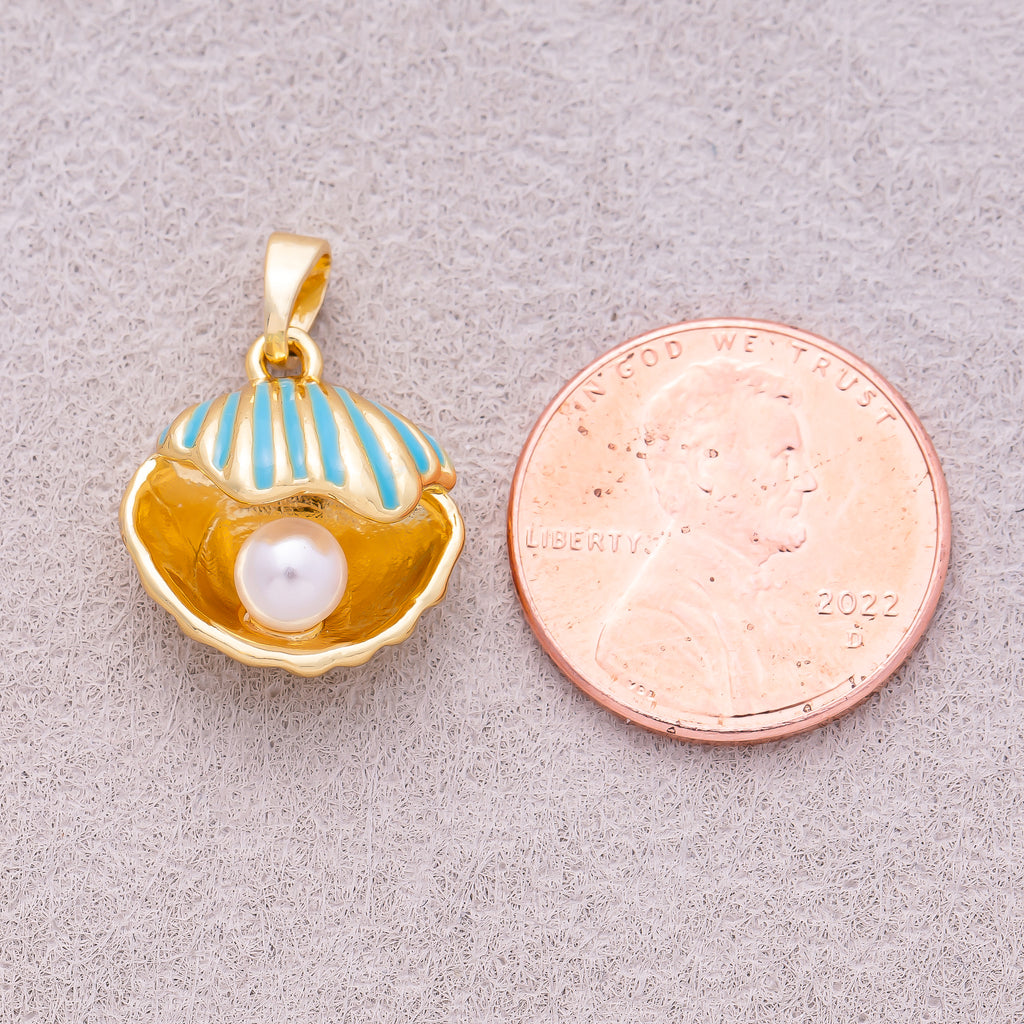 16K Gold Plated Shell Pearl Blue Open Clamshell Pendant - Sold Each