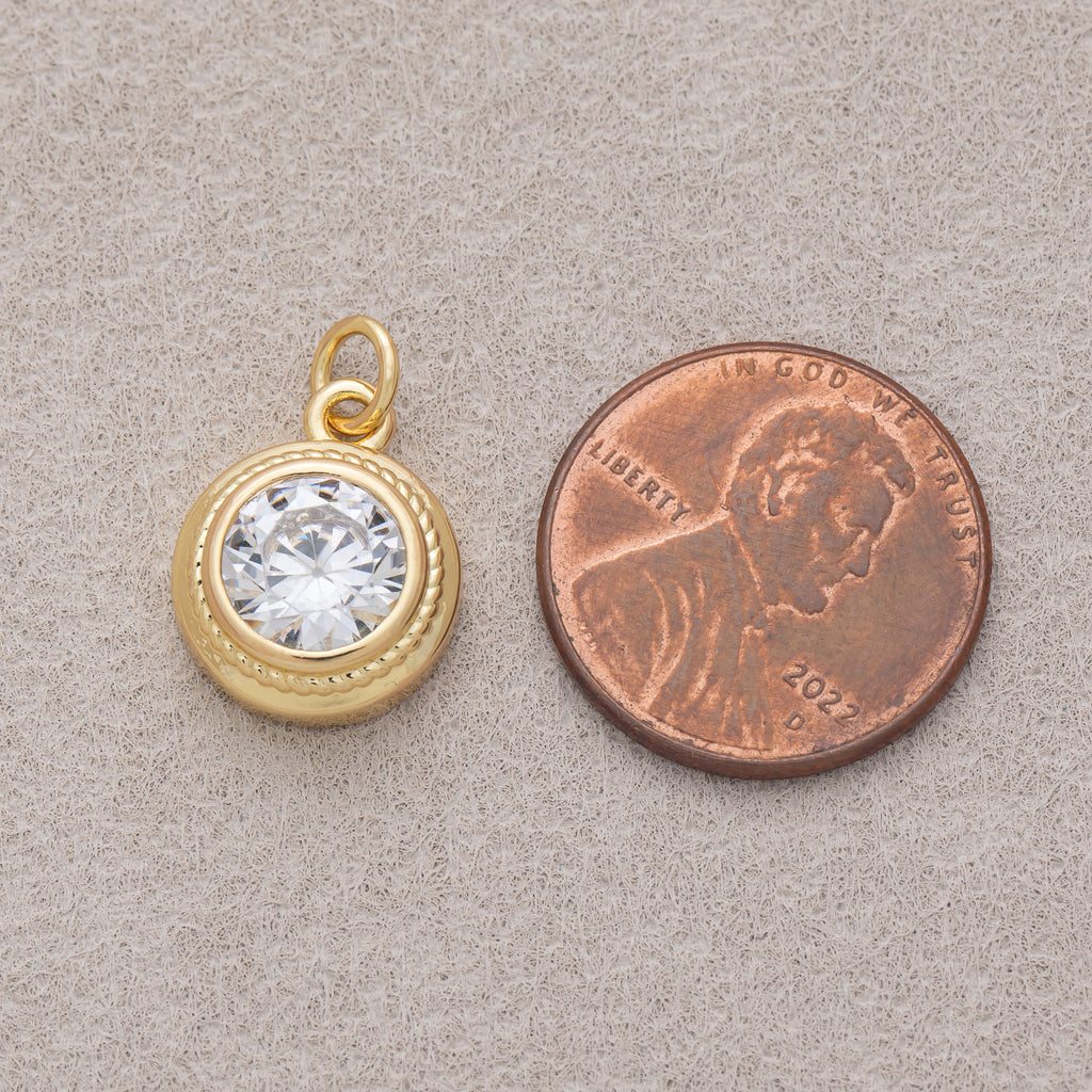 16K Gold Plated Clear CZ Minimalist Bezel Round Charm - Sold Each