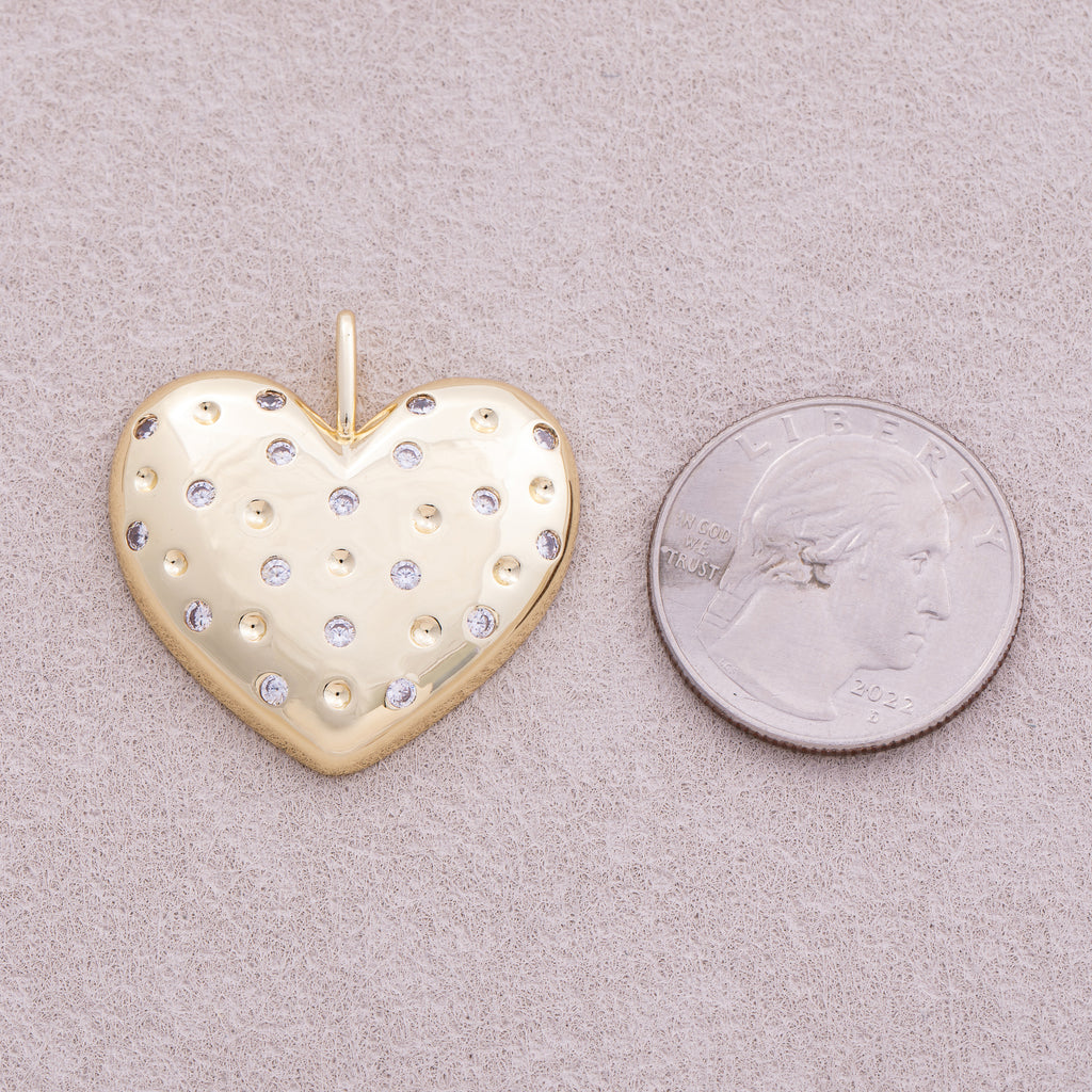 16K Gold Plated Micro Paved CZ Beaded Chubby Love Heart Pendant - Sold Each