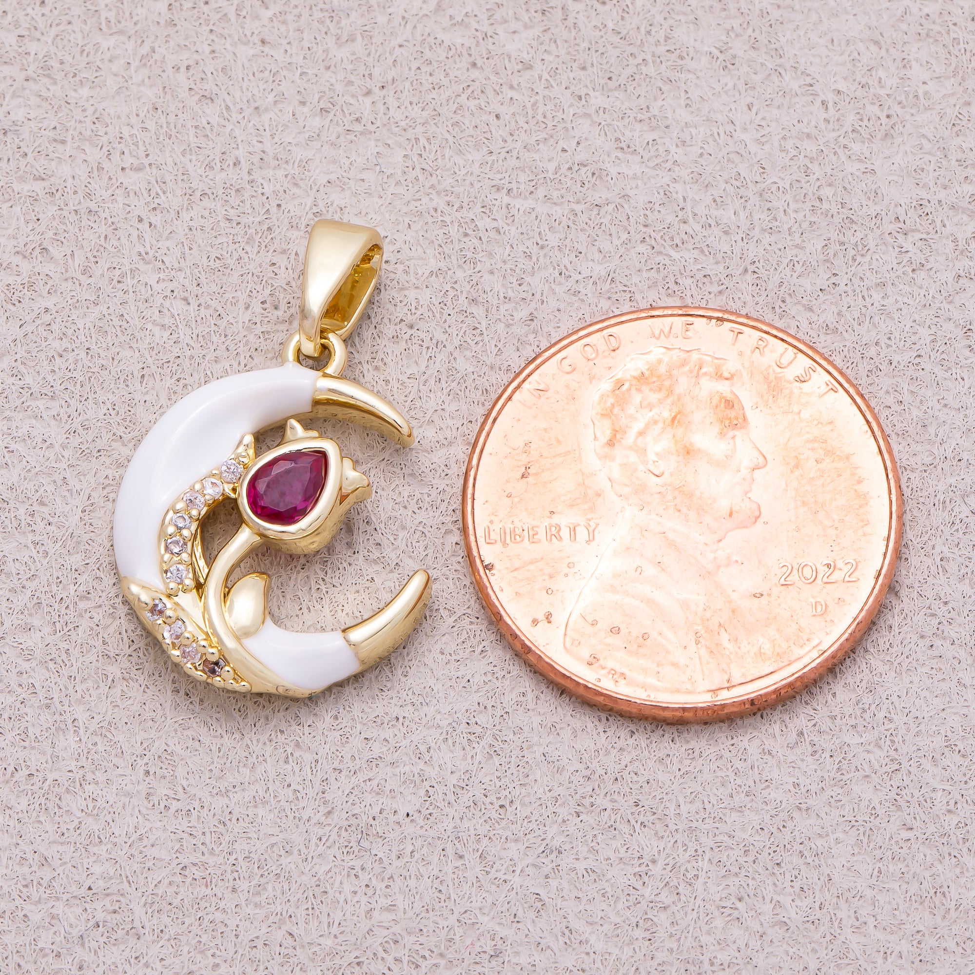 16K Gold Plated Micro Paved CZ Flower Crescent Moon White Enamel Pendant - Sold Each