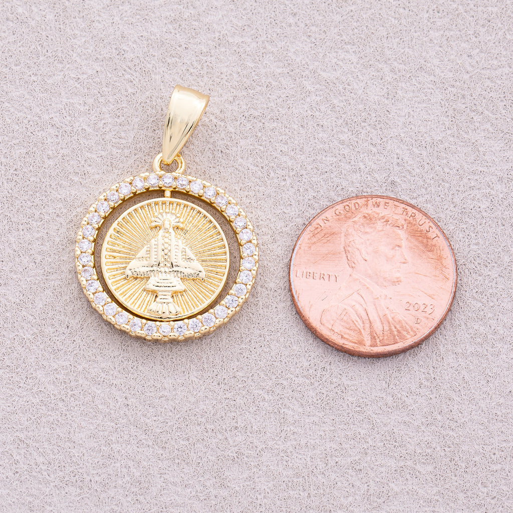 16K Gold Plated Micro Paved CZ Spinning Religious Coin Pendant - Sold Each