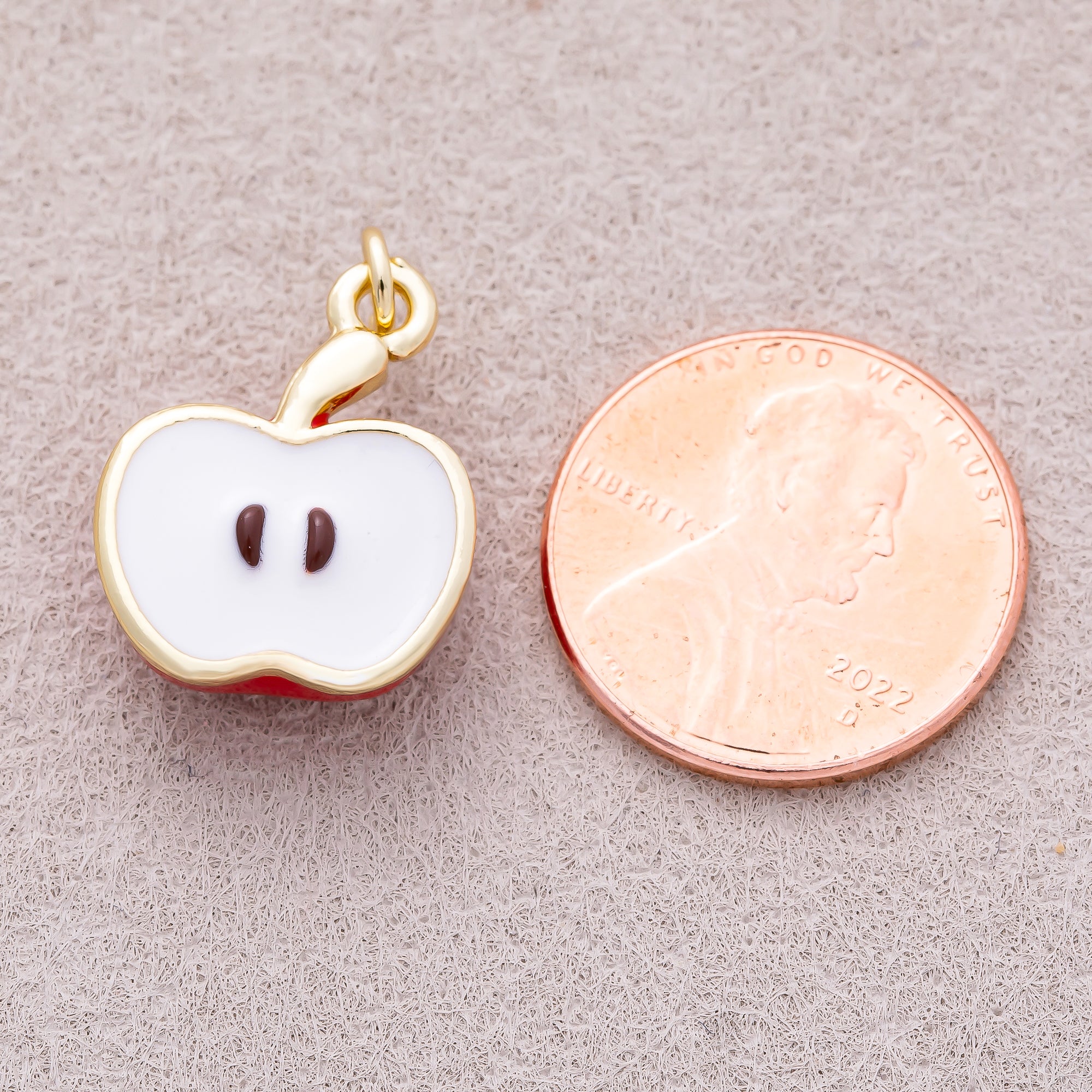 16K Gold Plated Red Enamel Half Slice Apple Fruit Charm - Sold Each