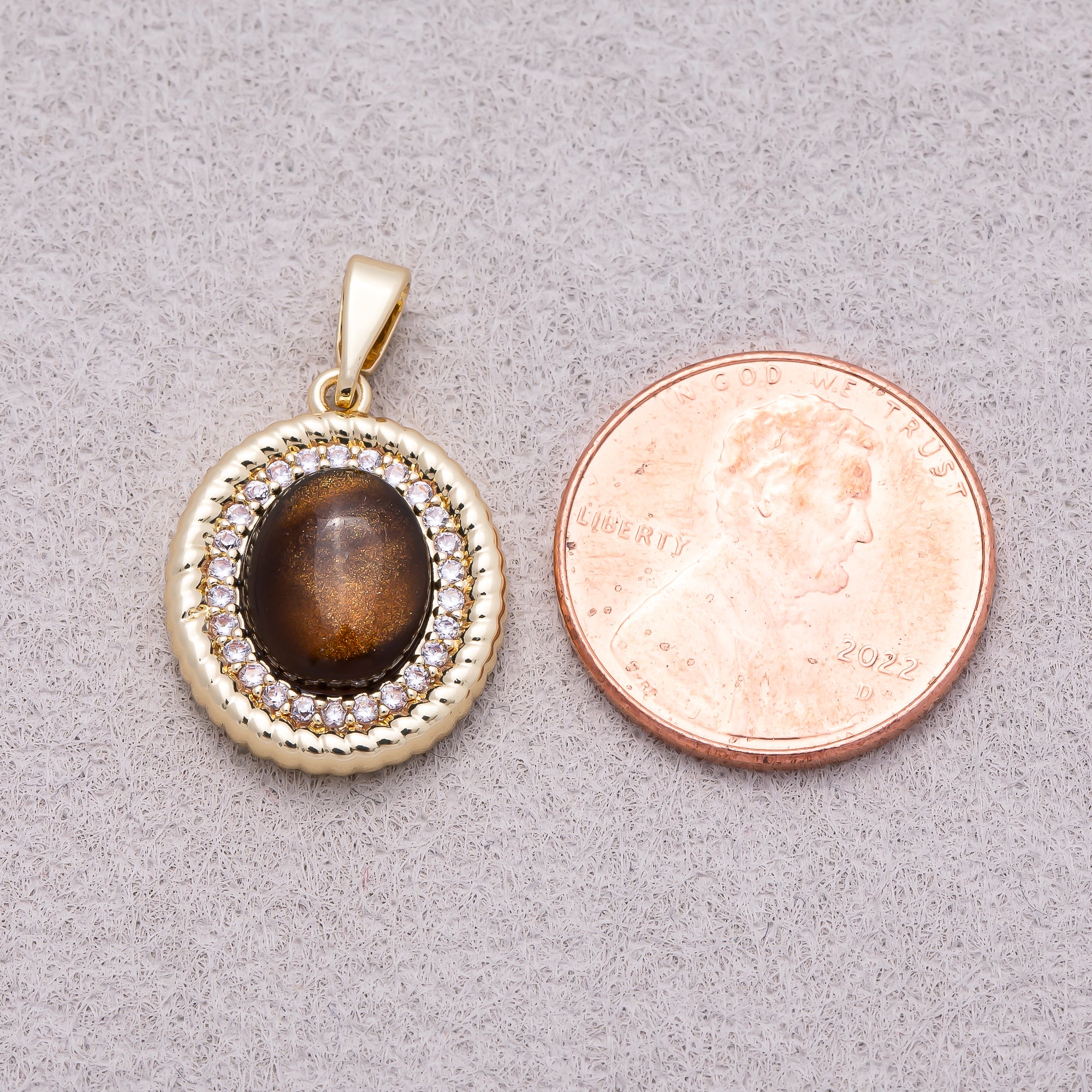 16K Gold Plated Micro Paved CZ Tiger Eye Natural Gemstone Bezel Rope Pendant - Sold Each