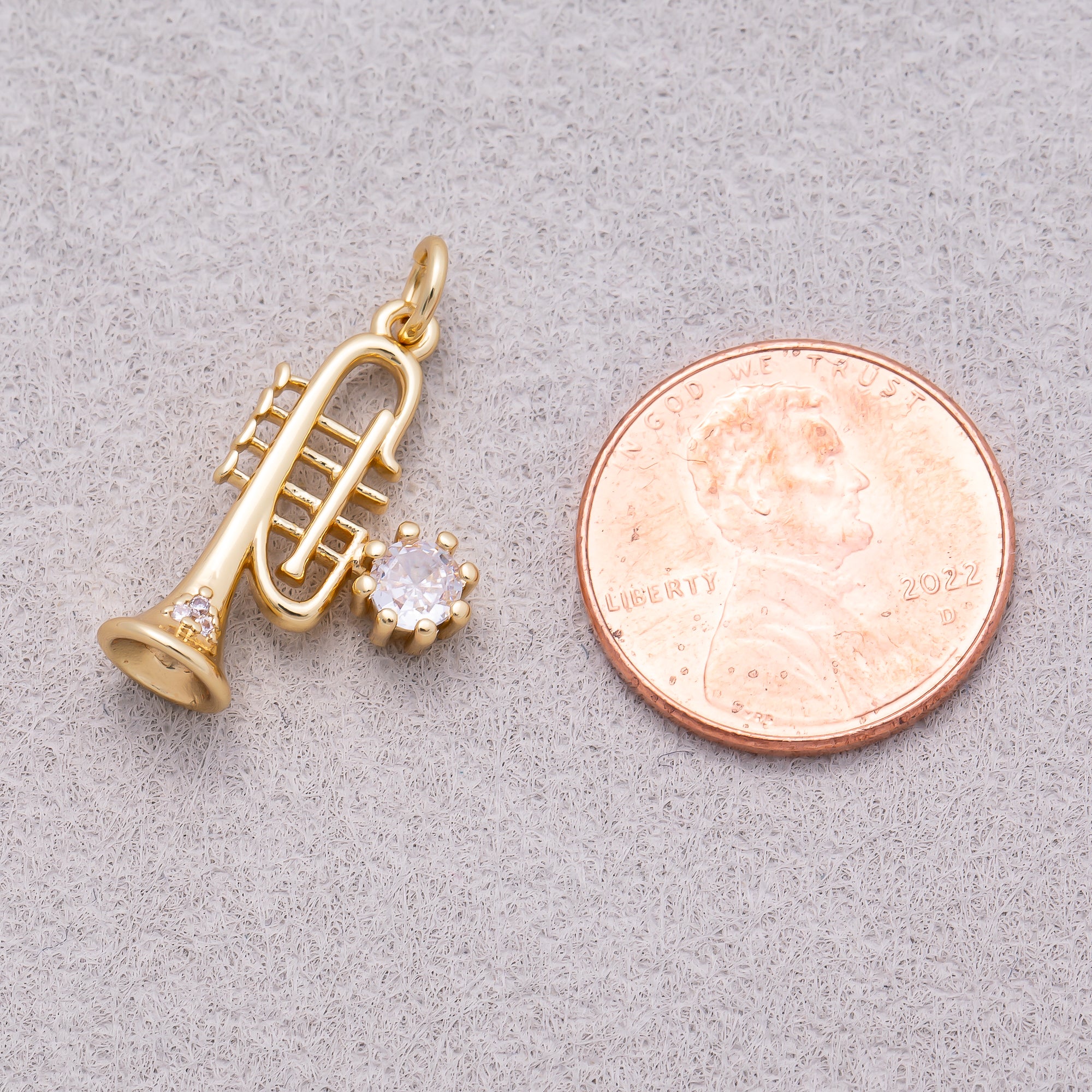 16K Gold Plated Clear CZ 3D Trumpet Musical Instrument Charm - Sold Each